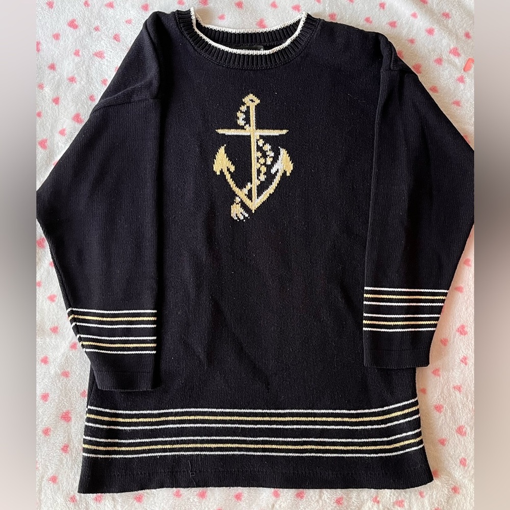 Anchor Crewneck Sweater - Dark Navy Blue and Cream